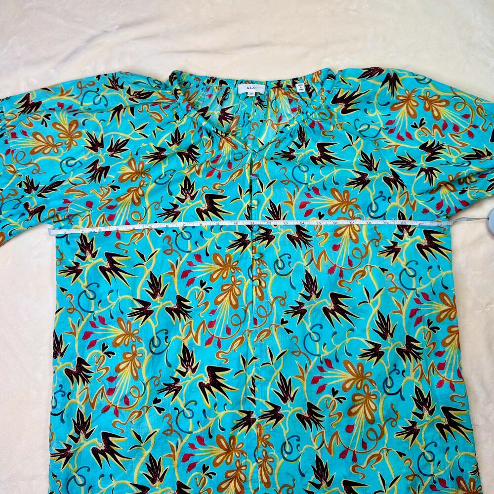 ALC Tropical Cotton Blouse Balloon Sleeve Turquoise 12 Resort Vacation Cruise - Picture 8 of 16